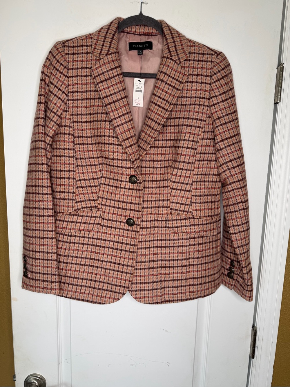 NWT Talbots Pink Plaid Tailored Wool-Blend Blazer
